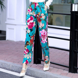 Women Floral Print Plaid Pants