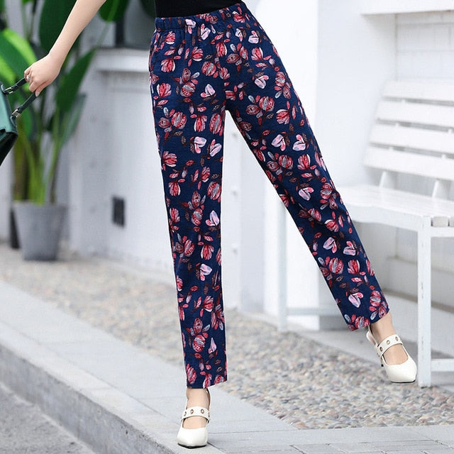 Women Floral Print Plaid Pants