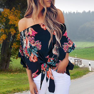 Women Floral Printing Off Shoulder Casual Blouse